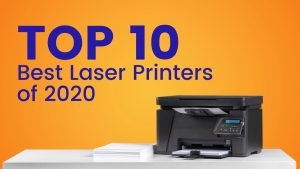 Top 10 Best Laser Printers of 2020 Purple Text Yellow Background Black Laser Printer on a Table